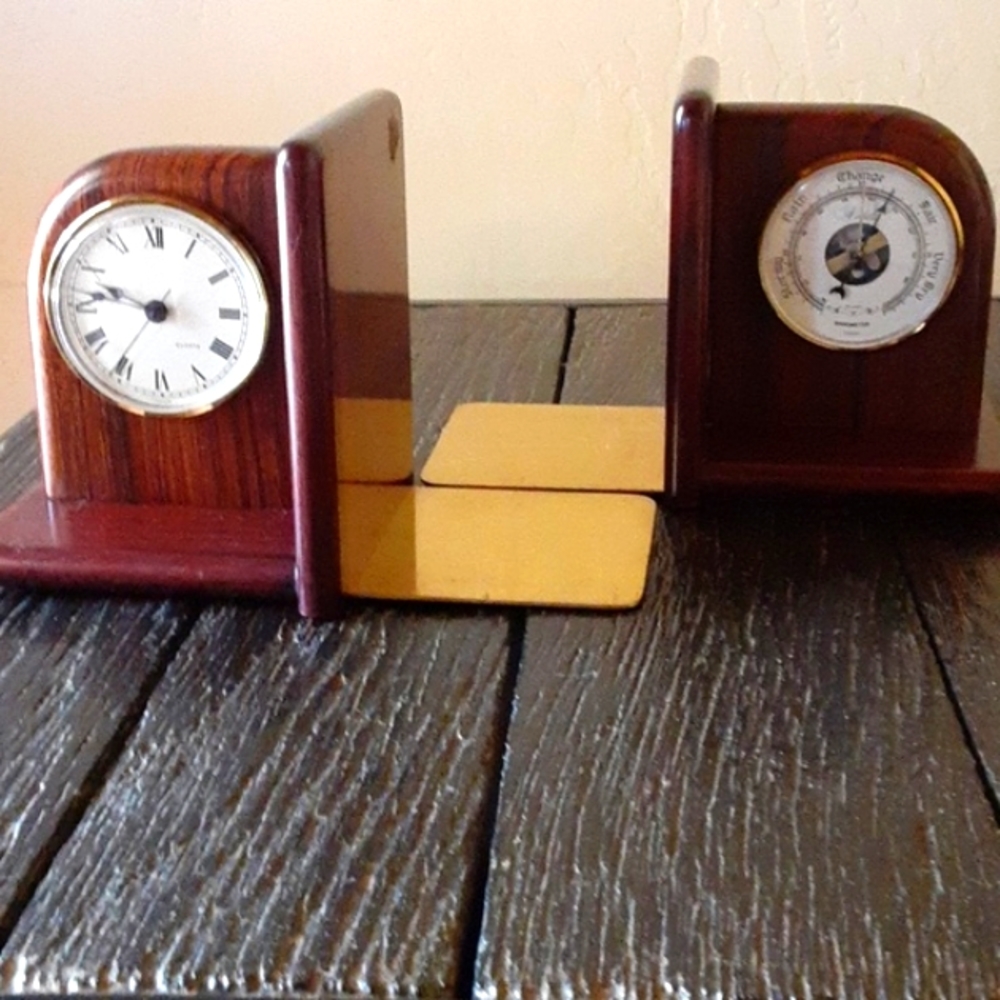 Nobilis rosewood/brass bookends with clock and barometer (France), about 8"×5"